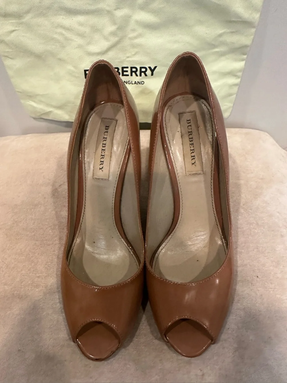 Burberry Patent Peep-Toe Stiletto in Brown